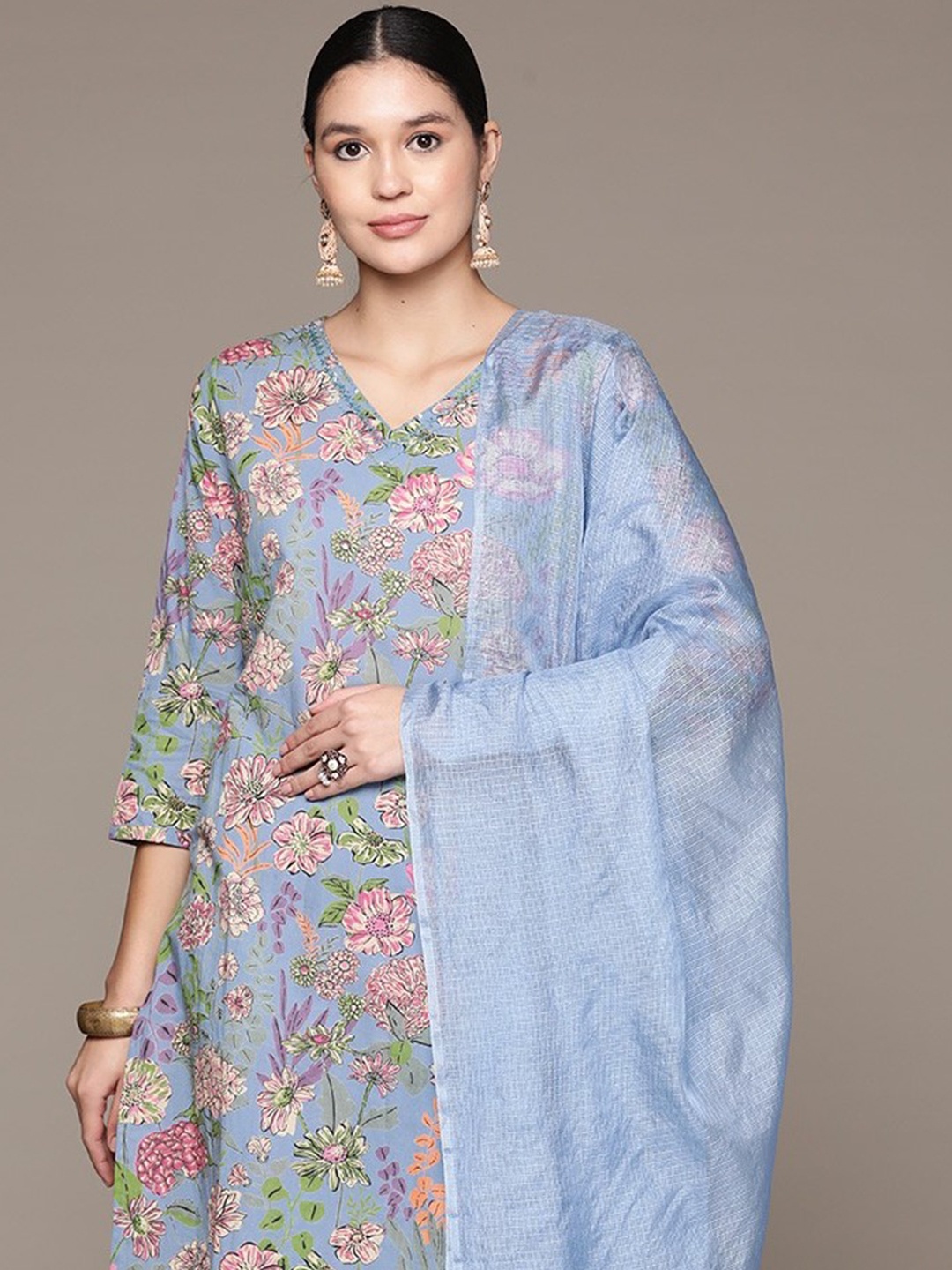 

Readiprint Women Floral Printed Regular Sequinned Pure Cotton Kurta with Patiala & With Dupatta, Grey