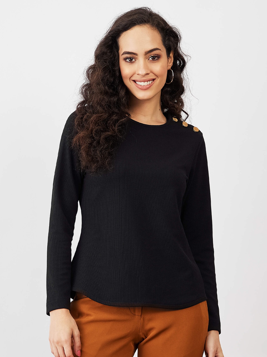 

SALT ATTIRE Round Neck Long Sleeves Top, Black