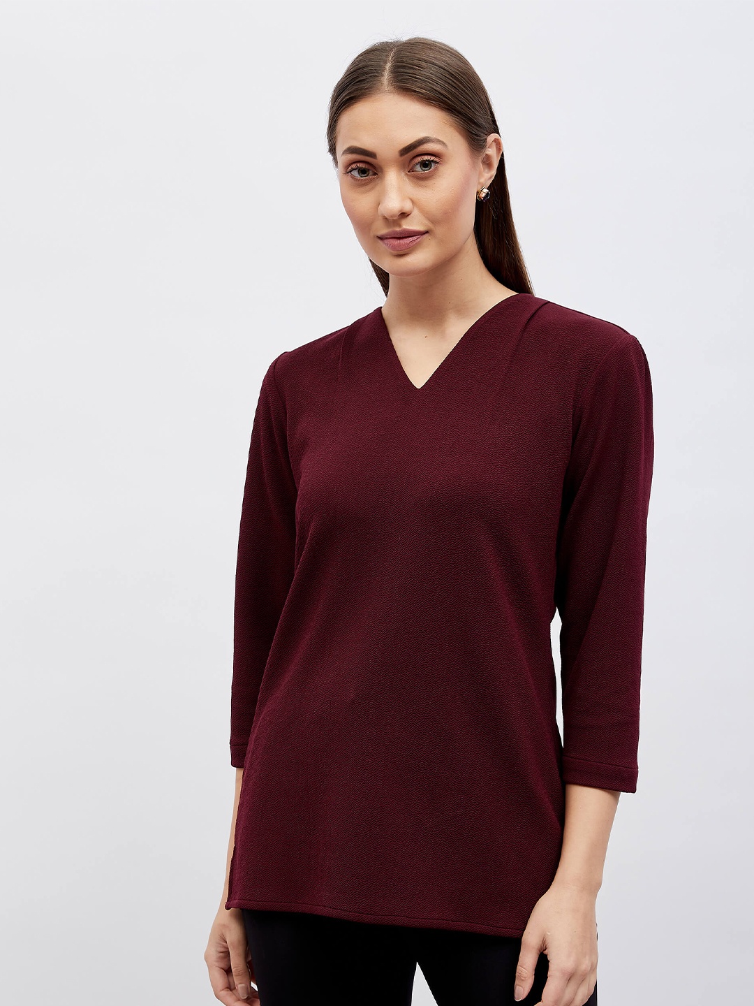 

SALT ATTIRE Self Design V-Neck Top, Maroon