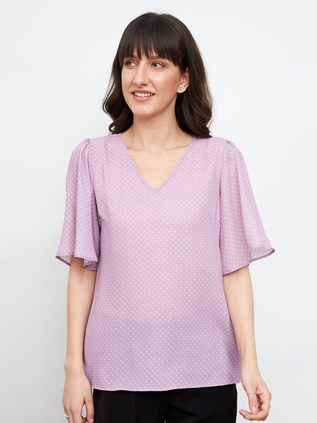 

SALT ATTIRE Polka Dot Printed V-Neck Flared Sleeves Top, Lavender