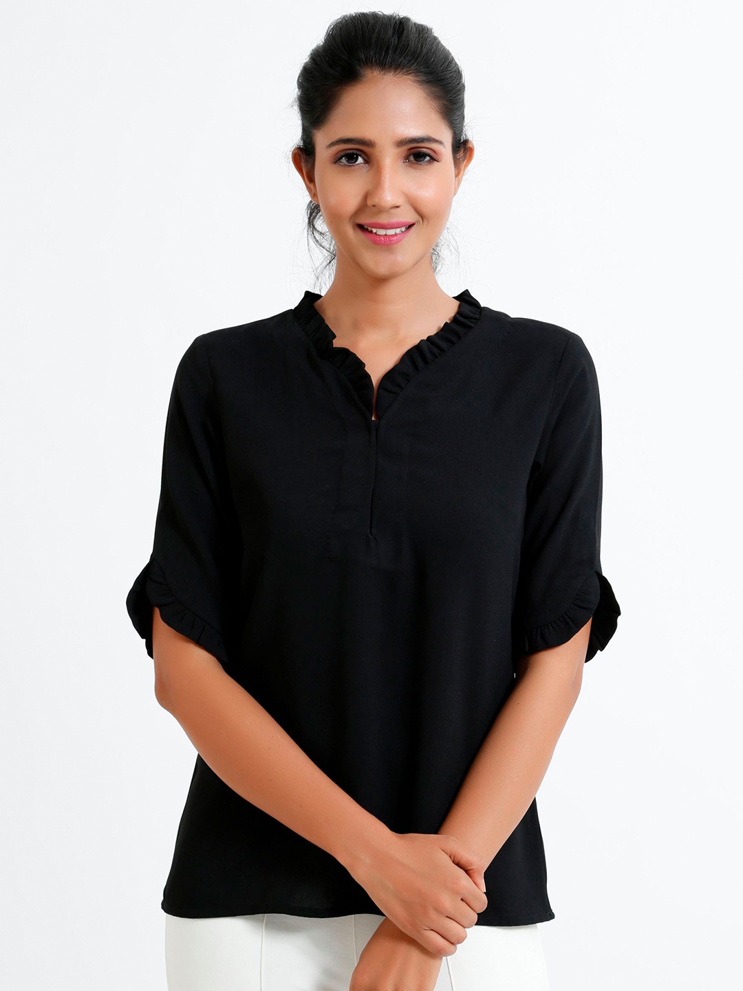 

SALT ATTIRE V-Neck Ruffles Detailed Top, Black