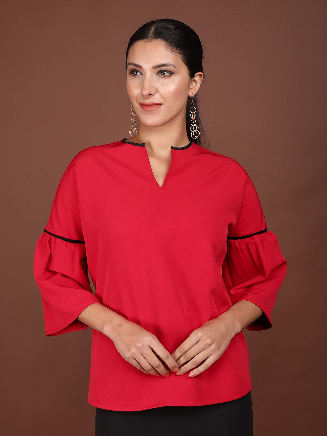 

SALT ATTIRE Notch Neck Bell Sleeve Top, Red