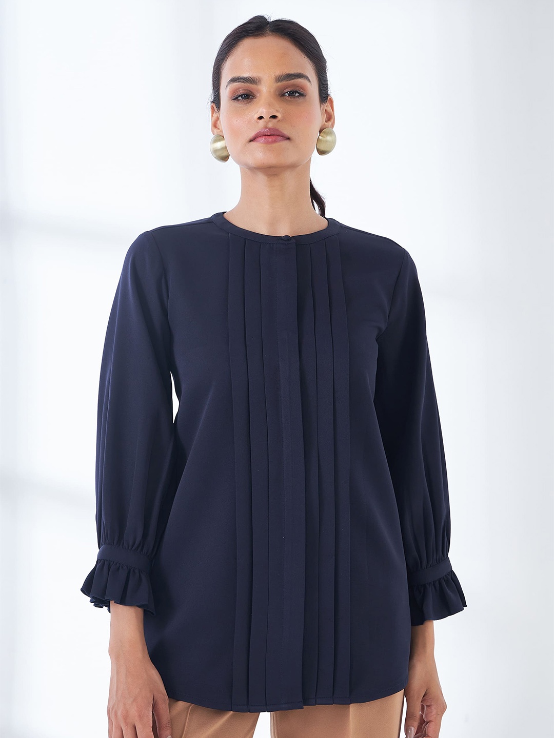 

SALT ATTIRE Round Neck Long Bell Sleeves Top, Navy blue