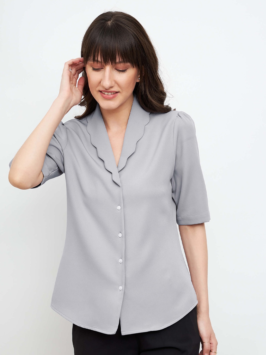 

SALT ATTIRE Shirt Collar Short Sleeves Regular Top, Grey