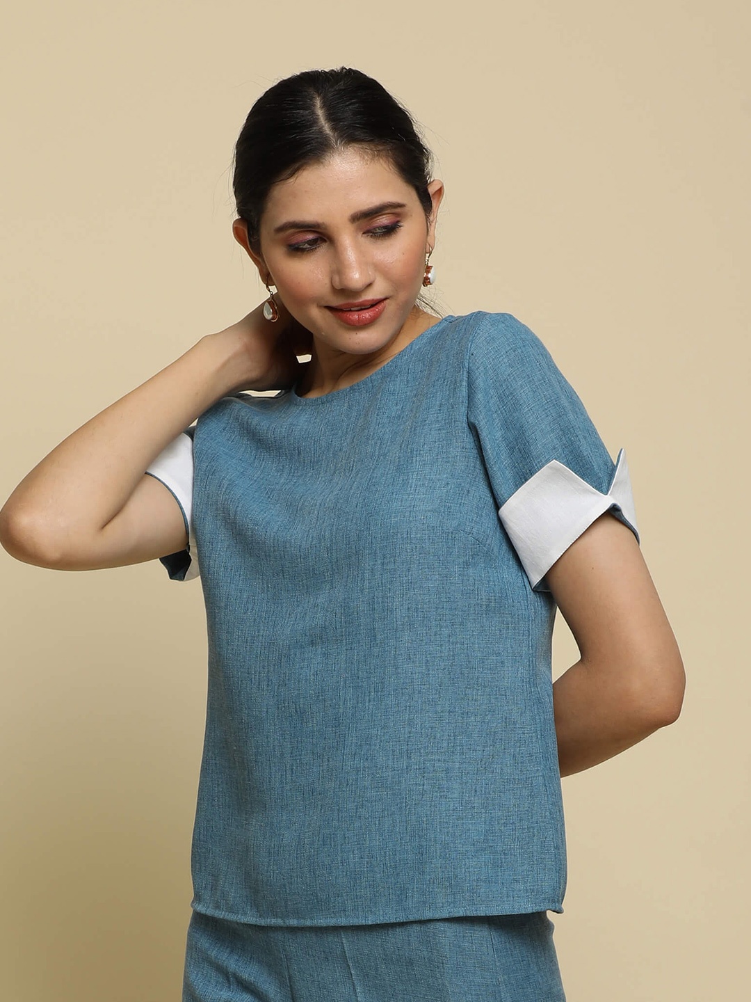 

SALT ATTIRE Round Neck Short Sleeves Regular Top, Blue