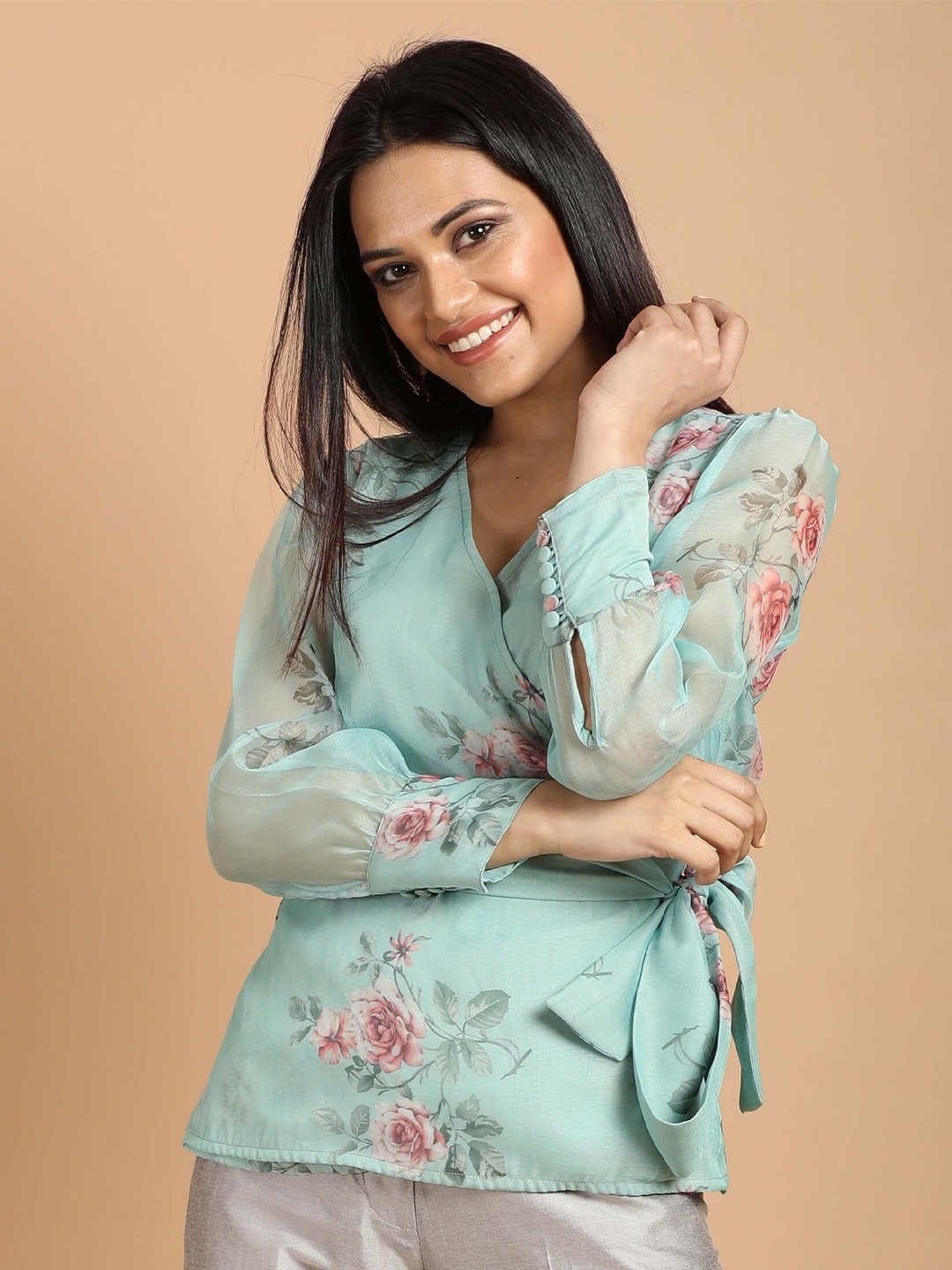 

SALT ATTIRE Round Neck Long Cuffed Sleeves Floral Print Cinched Waist Top, Green