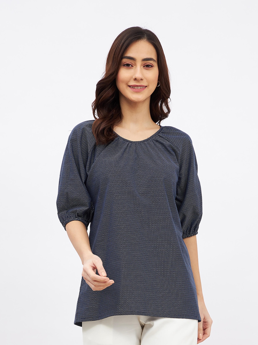 

SALT ATTIRE Round Neck Short Puff Sleeve Cotton Styled Back Top, Navy blue