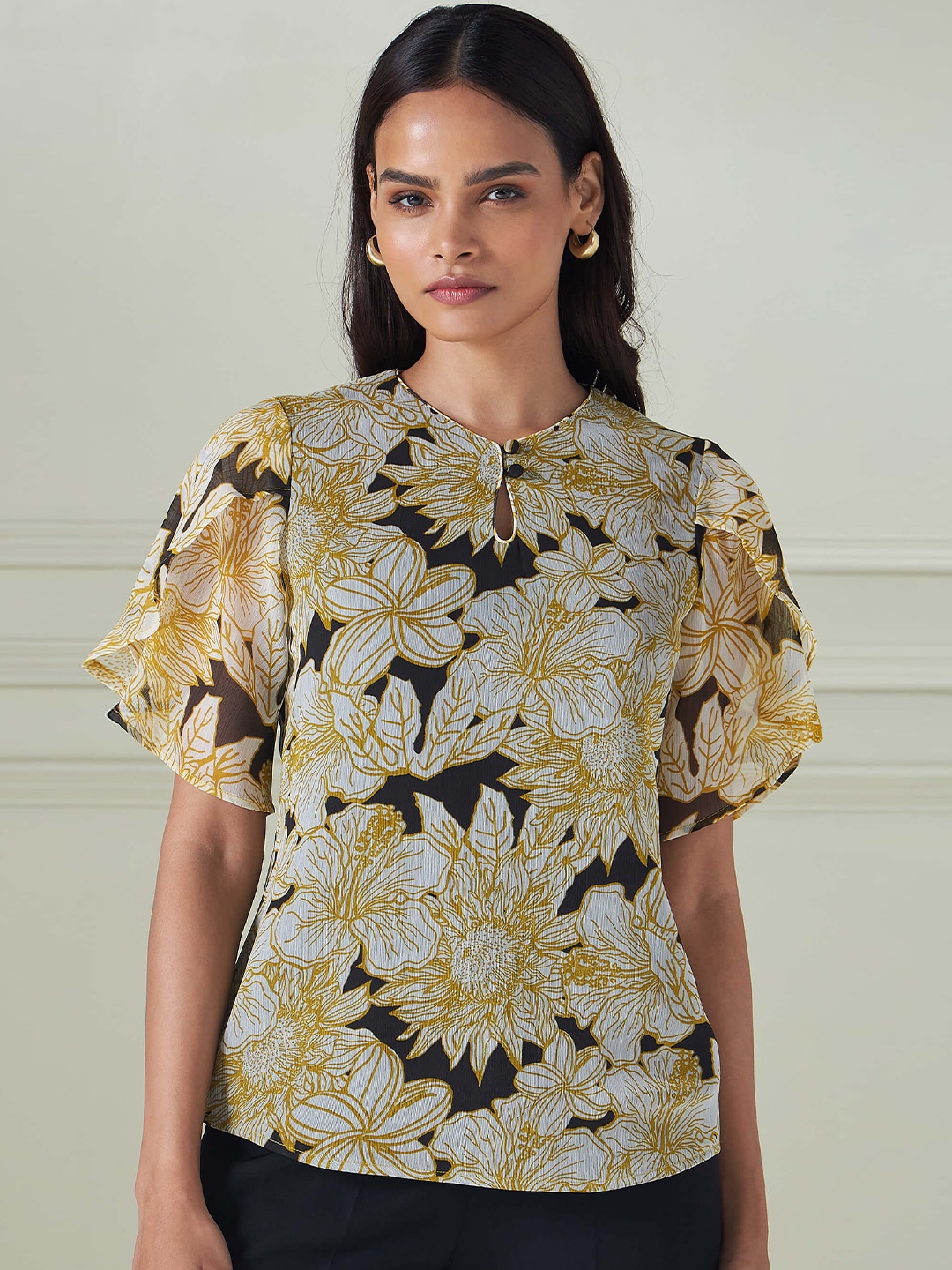 

SALT ATTIRE Keyhole Neck Flared Sleeves Floral Print Styled Back Top, Mustard