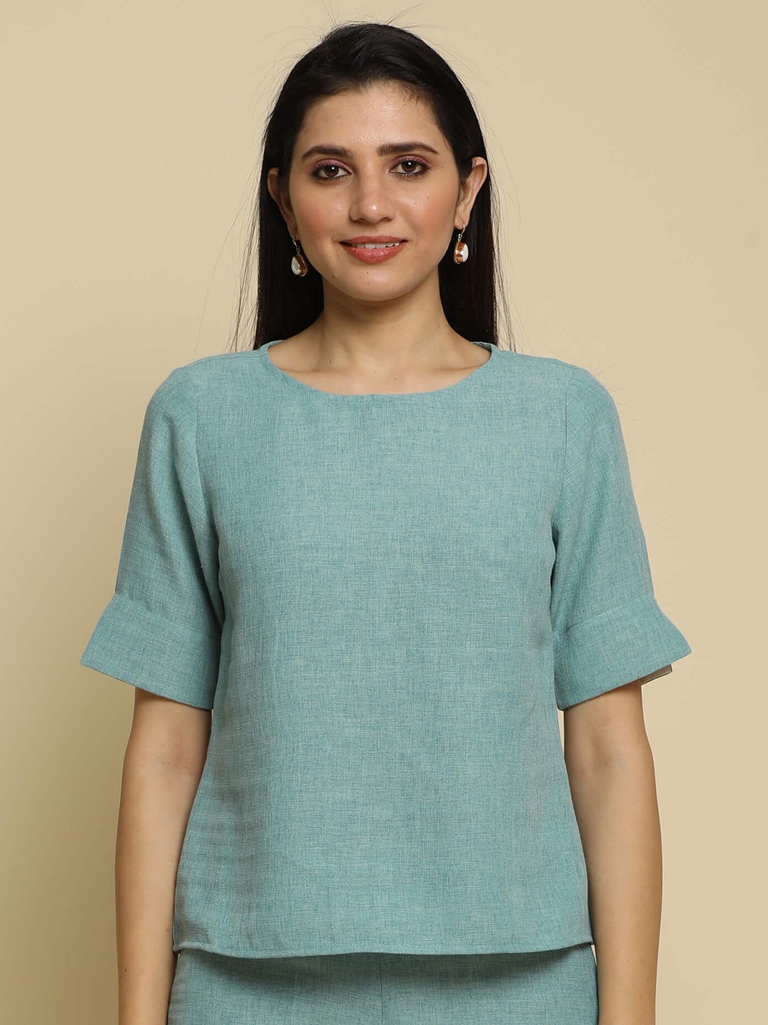 

SALT ATTIRE Round Neck Short Slit Sleeves Linen Regular Top, Green