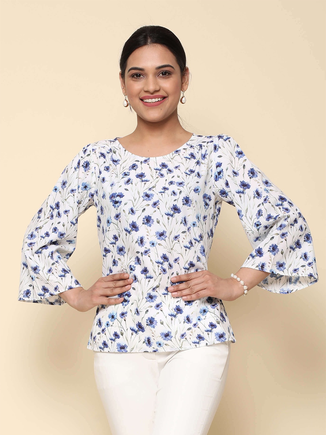 

SALT ATTIRE Floral Print Round Neck Bell Sleeves Styled Back Casual Top, White
