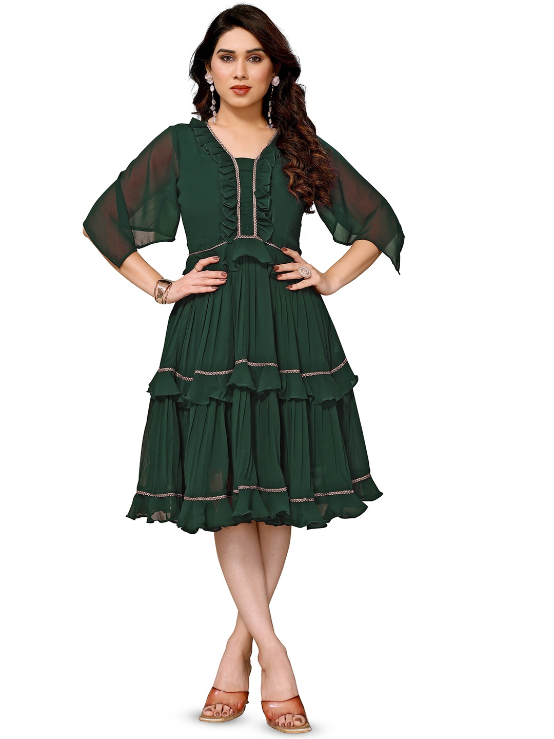 

Krimmple Layered Georgette Fit & Flare Dress, Green