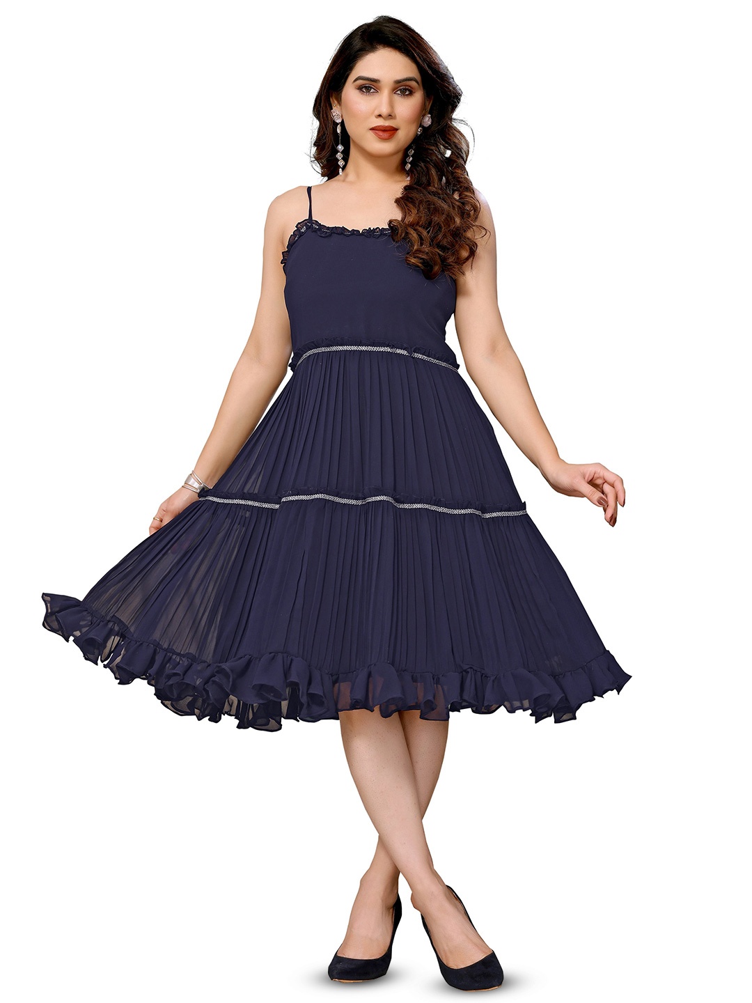 

Krimmple Ruffled Georgette Fit & Flare Dress, Navy blue