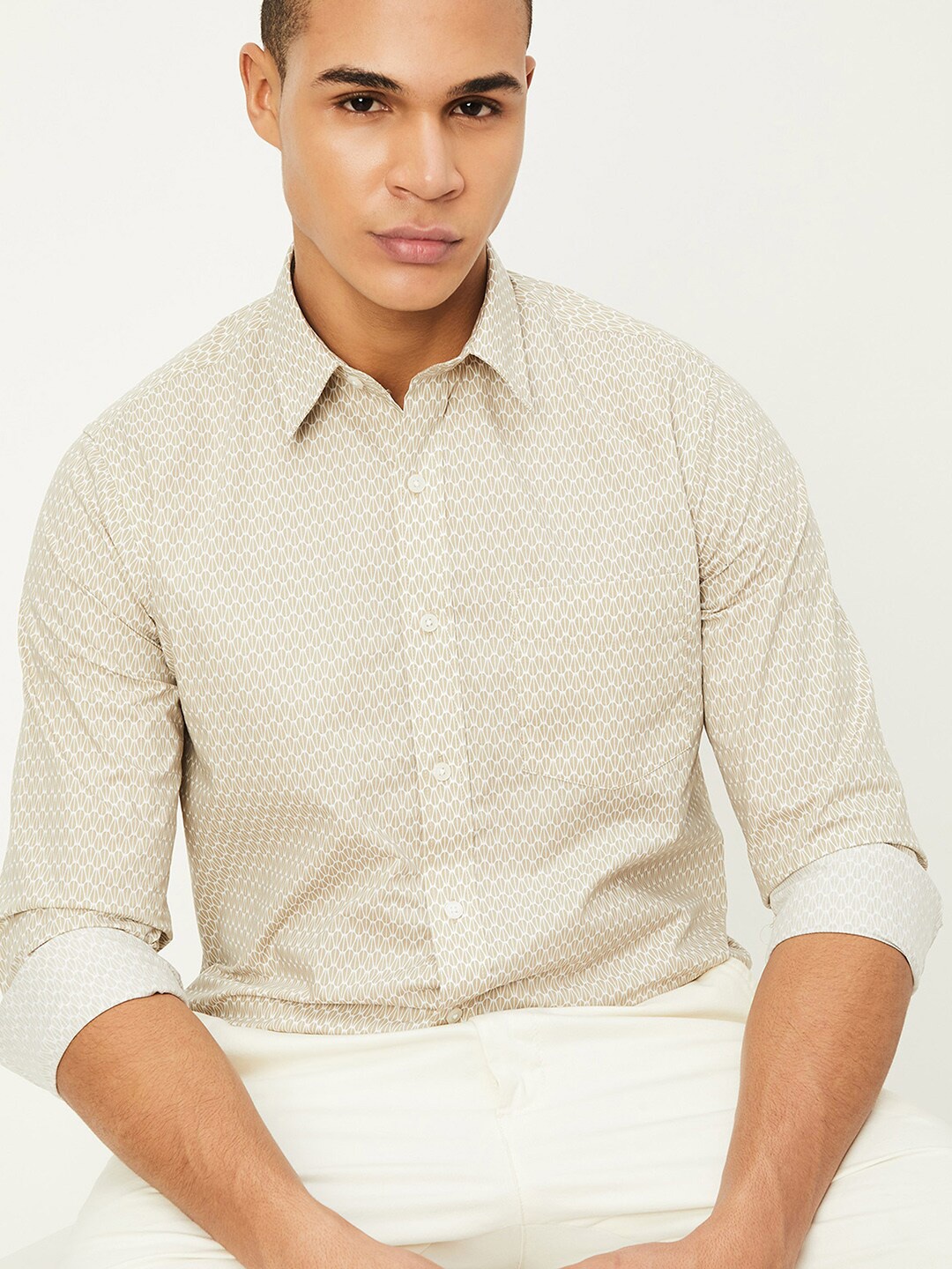 

max Geometric Printed Cotton Casual Shirt, Beige
