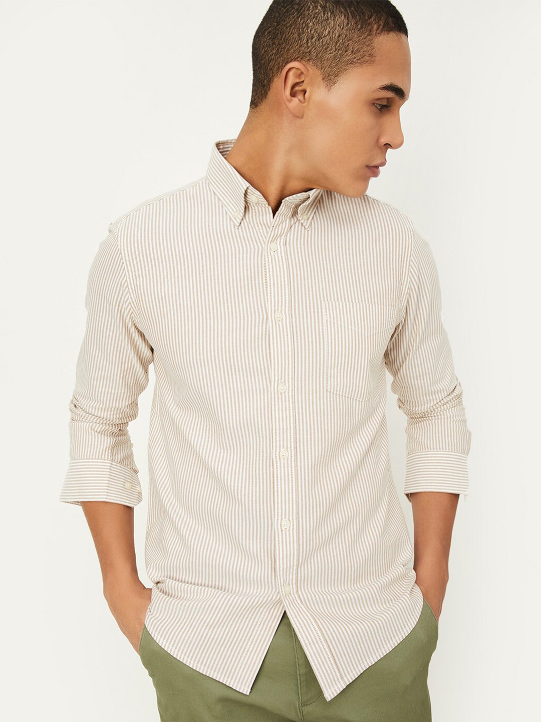 

max Striped Button-Down Collar Cotton Casual Shirt, Beige