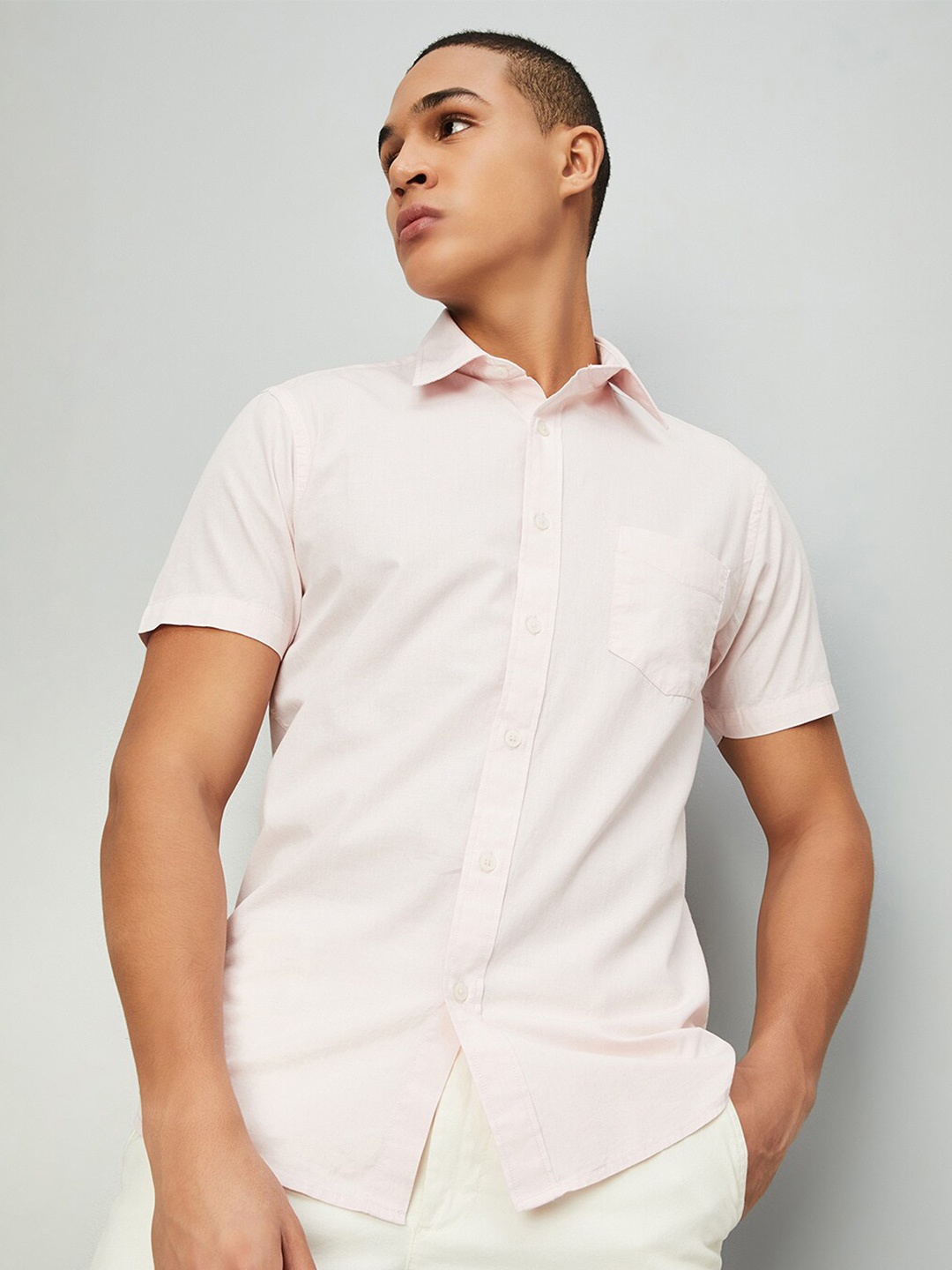 

max Spread Collar Short Sleeves Cotton Casual Shirt, Pink