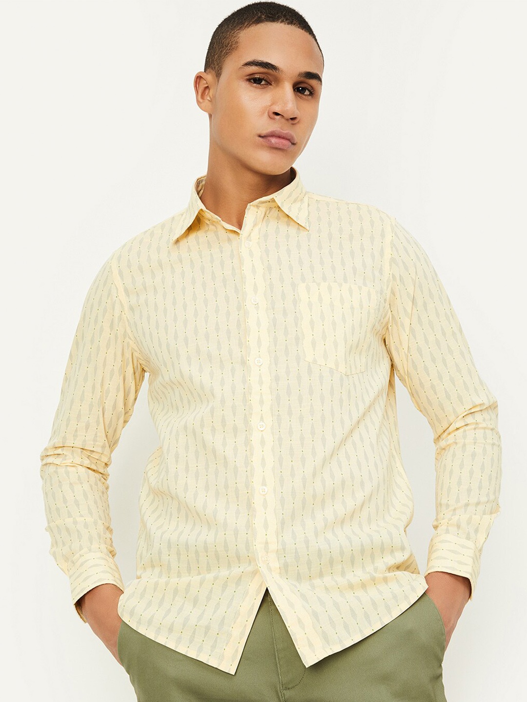 

max Geometric Printed Spread Collar Long Sleeves Casual Shirt, Yellow