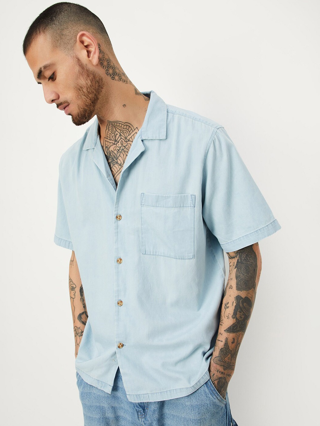 

max Cotton Spread Collar Casual Shirt, Blue