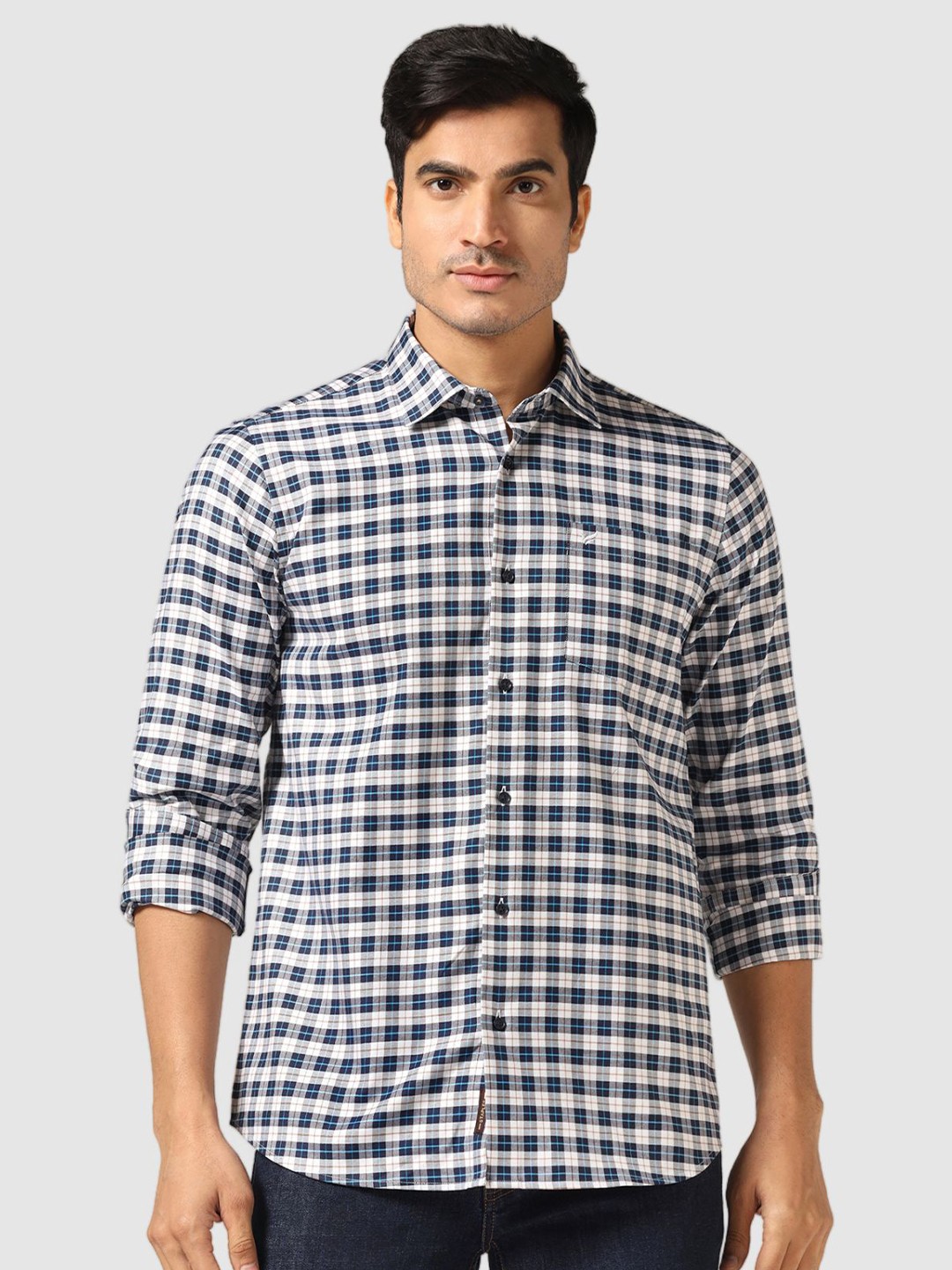 

Blackberrys Shepherd Checks Spread Collar Chest Pocket Cotton Regular Fit Casual Shirt, Navy blue