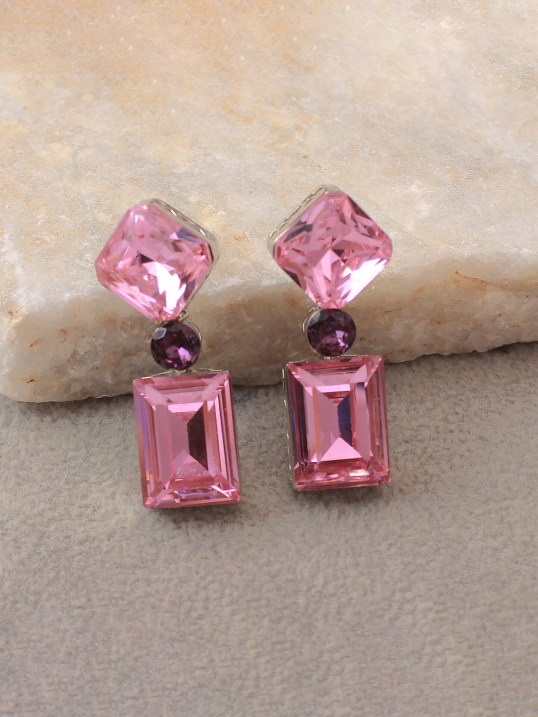 

Mirana Rhodium-Plated American Diamond Contemporary Drop Earrings, Pink