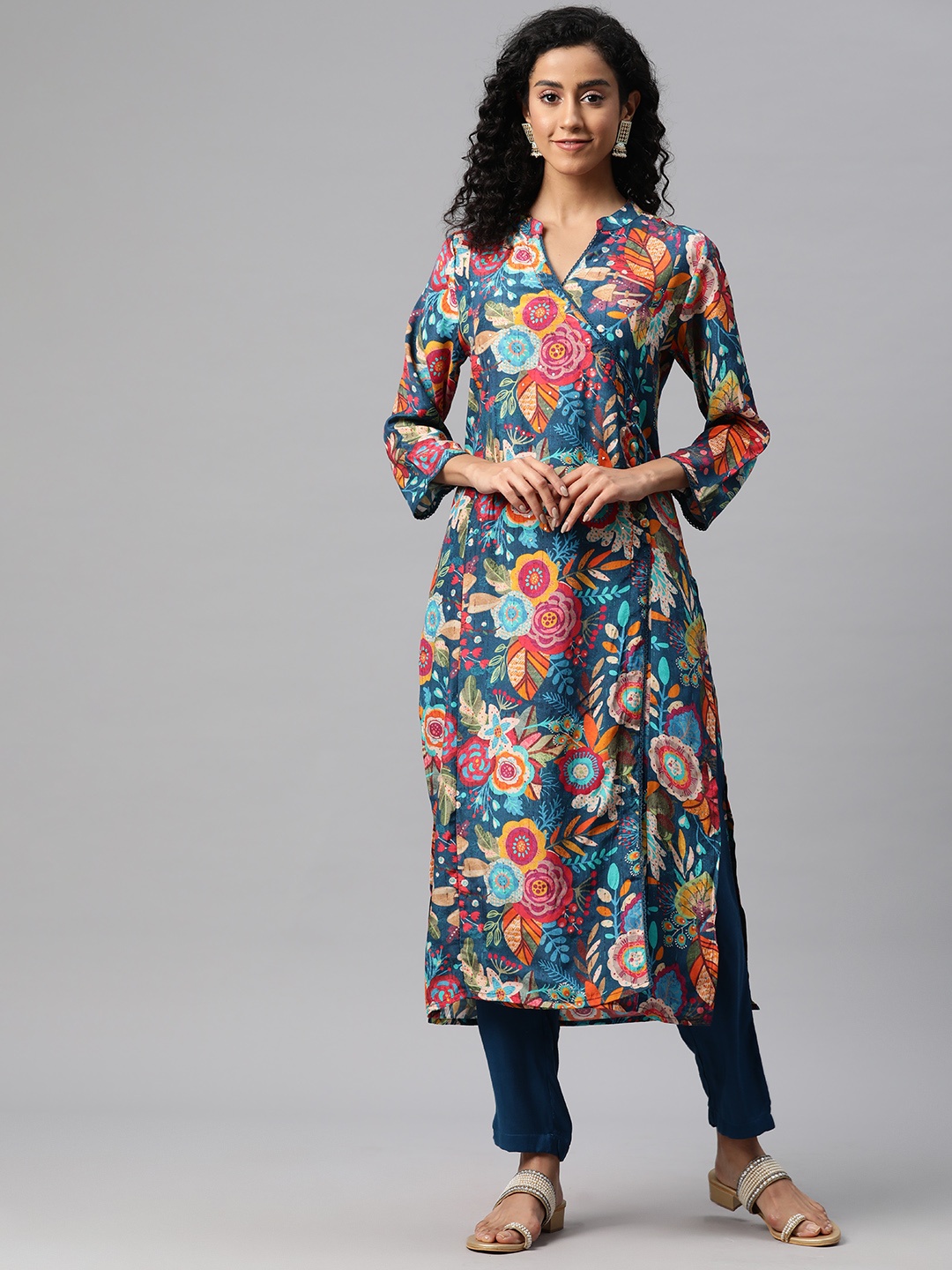 Readiprint Women Floral Printed Angrakha Sequinned Kurta with Palazzos, Red