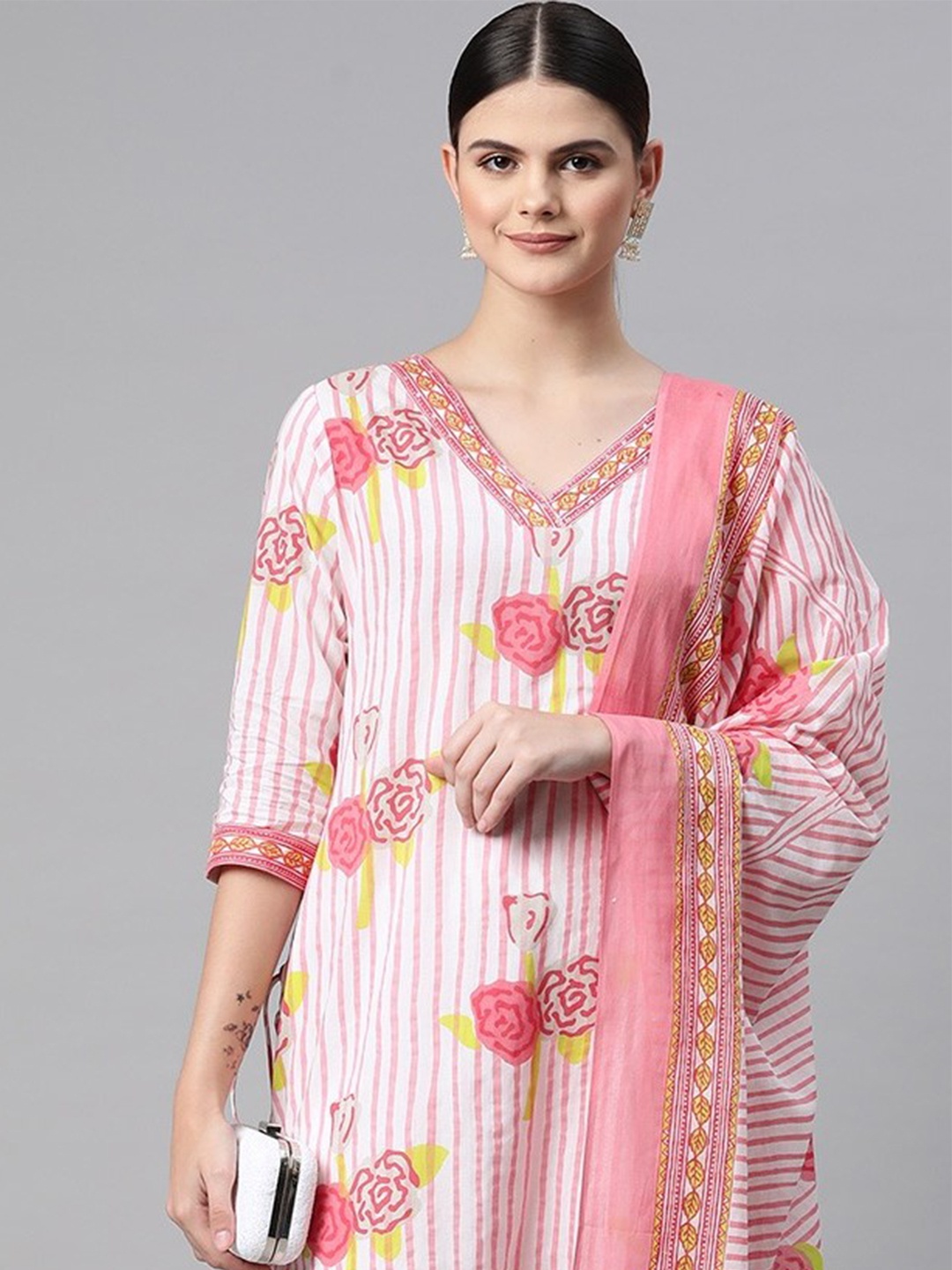 

Readiprint Women Striped Sequinned Pure Cotton Kurta with Palazzos & With Dupatta, Pink
