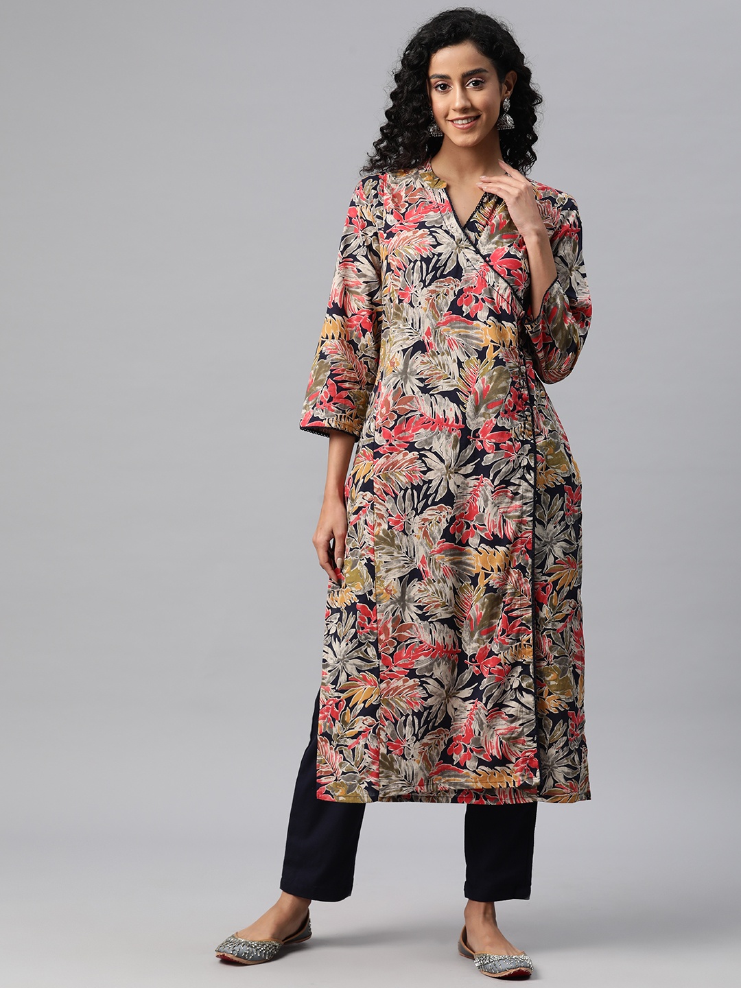 Readiprint Women Printed Angrakha Sequinned Pure Cotton Kurta with Palazzos, Navy blue