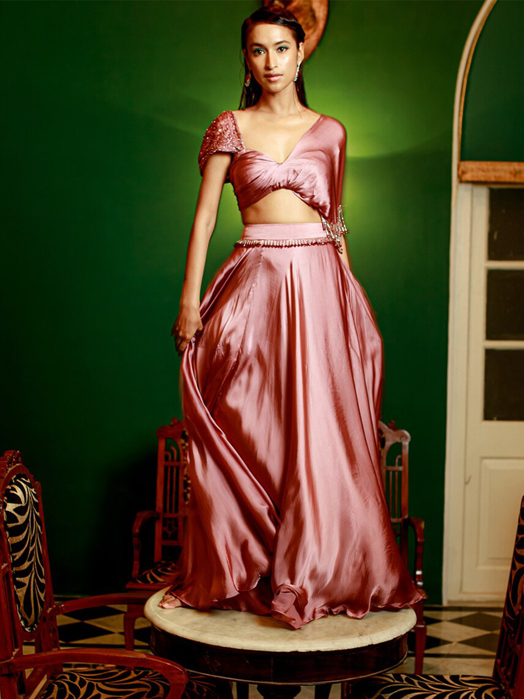 

Pavone by Akanksha Chopra Embroidered Beads and Stones Satin Ready to Wear Lehenga Choli, Pink