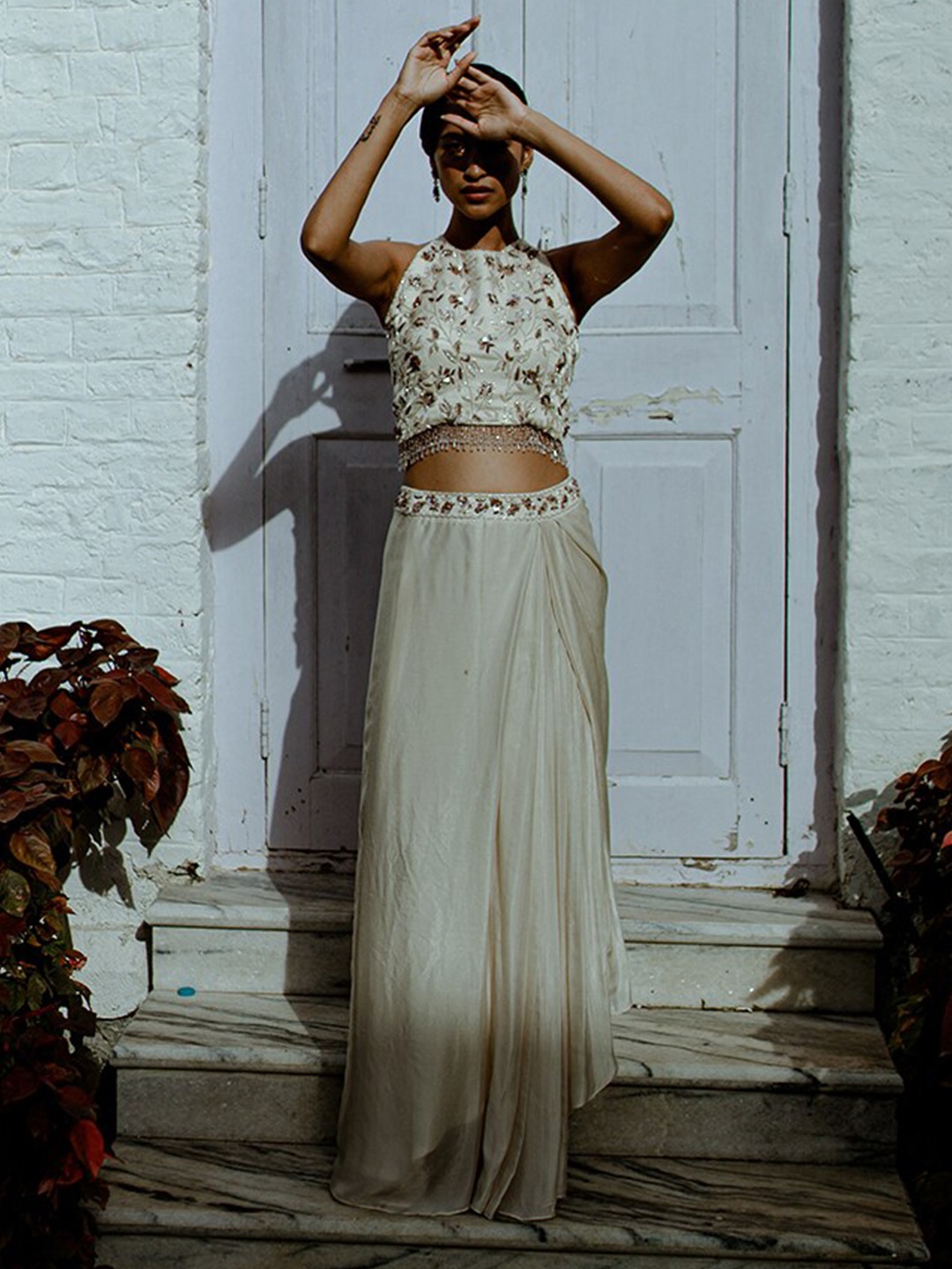 

Pavone by Akanksha Chopra Embroidered Silk Georgette Ready to Wear Lehenga Choli, Off white