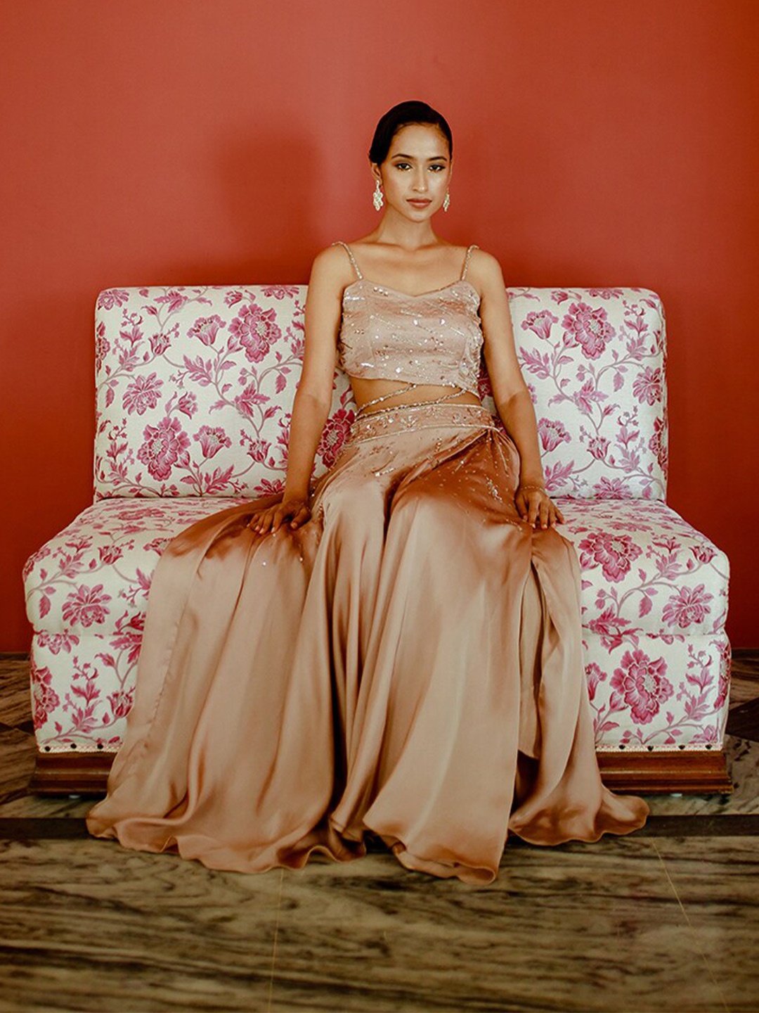 

Pavone by Akanksha Chopra Embellished Satin Beads and Stones Ready to Wear Lehenga Choli, Gold