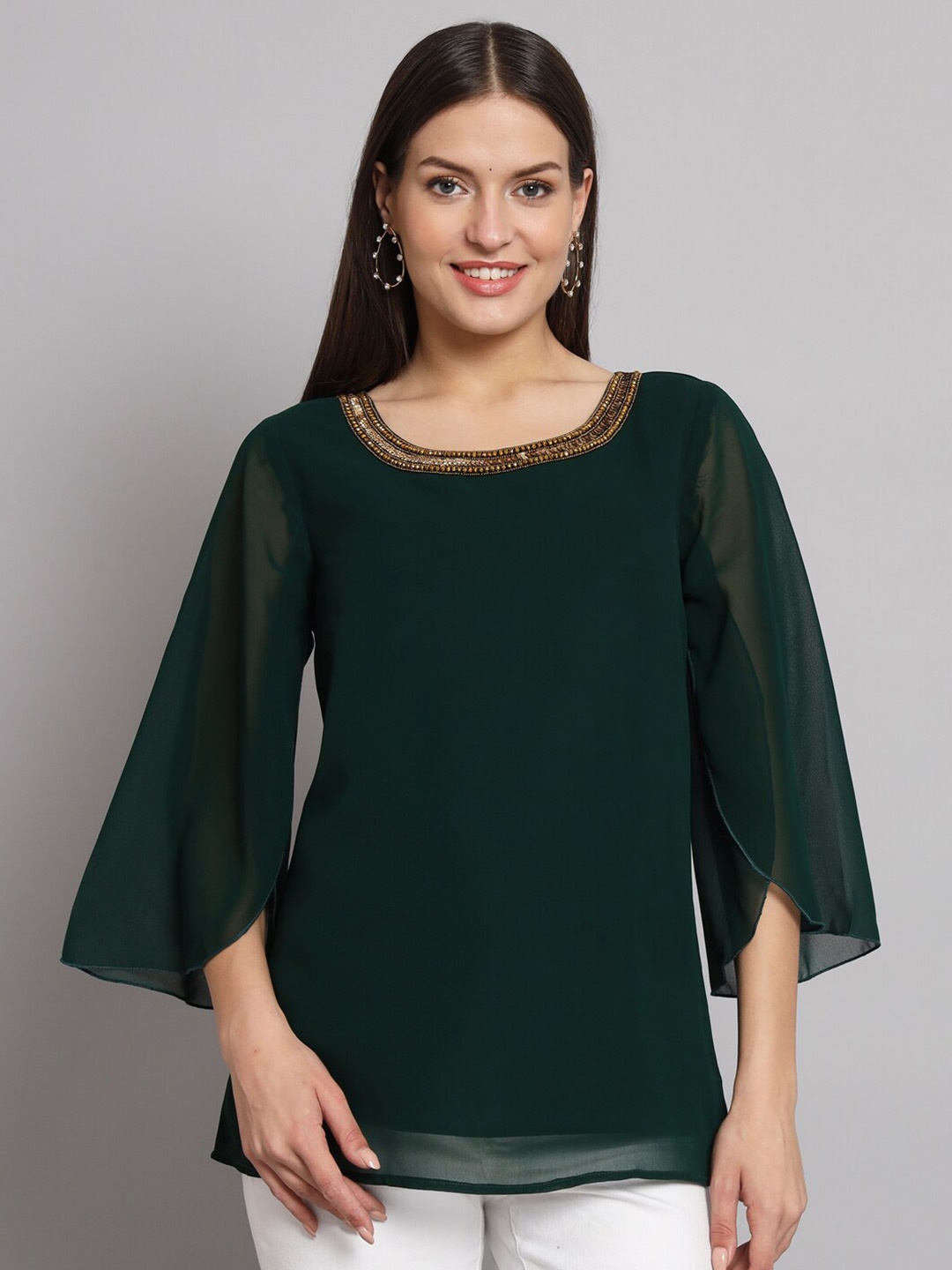 

Poshak Hub Embellished Square Neck Flared Sleeve Sequined Georgette Top, Green