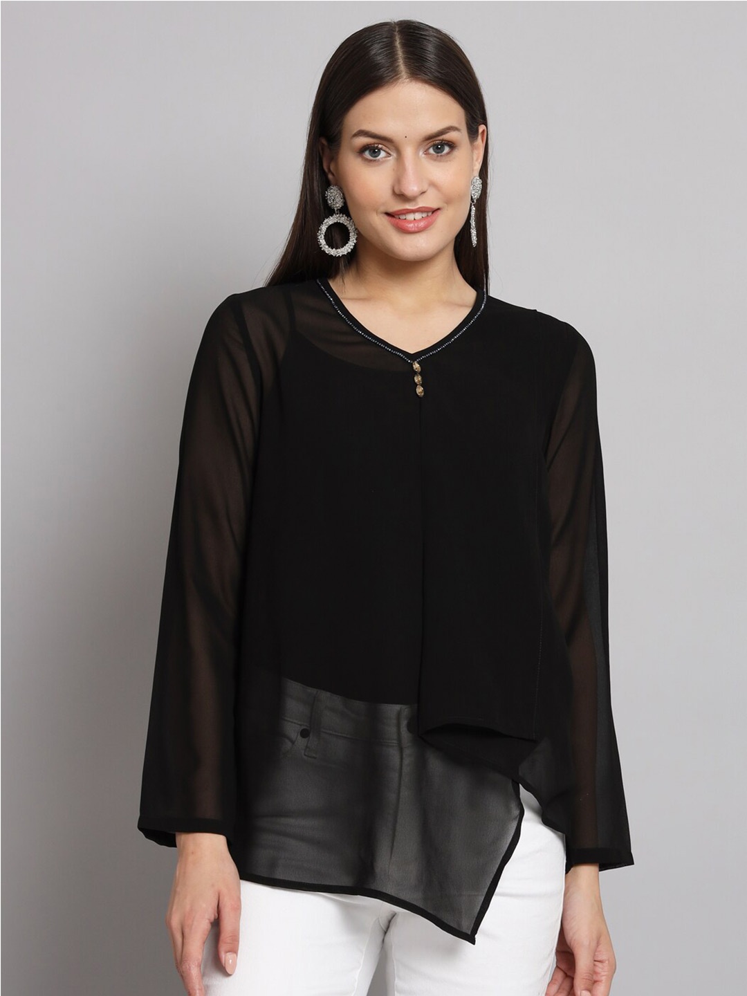 

Poshak Hub Embellished V-Neck Flared Sleeve Georgette Top, Black