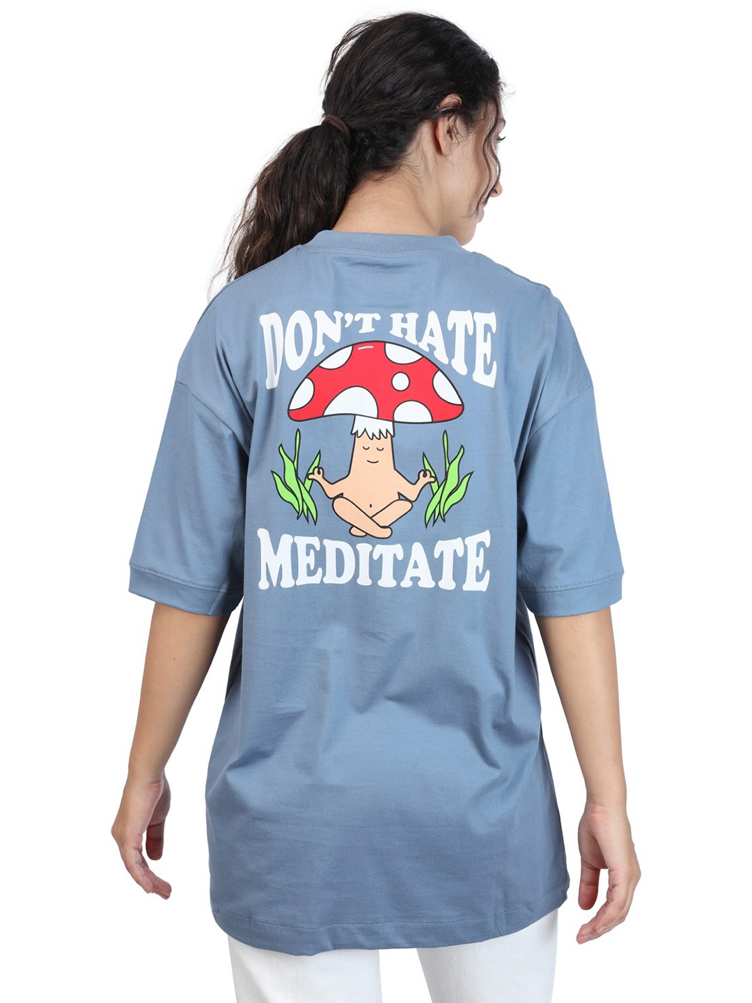 

ZU Typography Printed Round Neck Drop-Shoulder Sleeves Cotton Oversized T-shirt, Blue