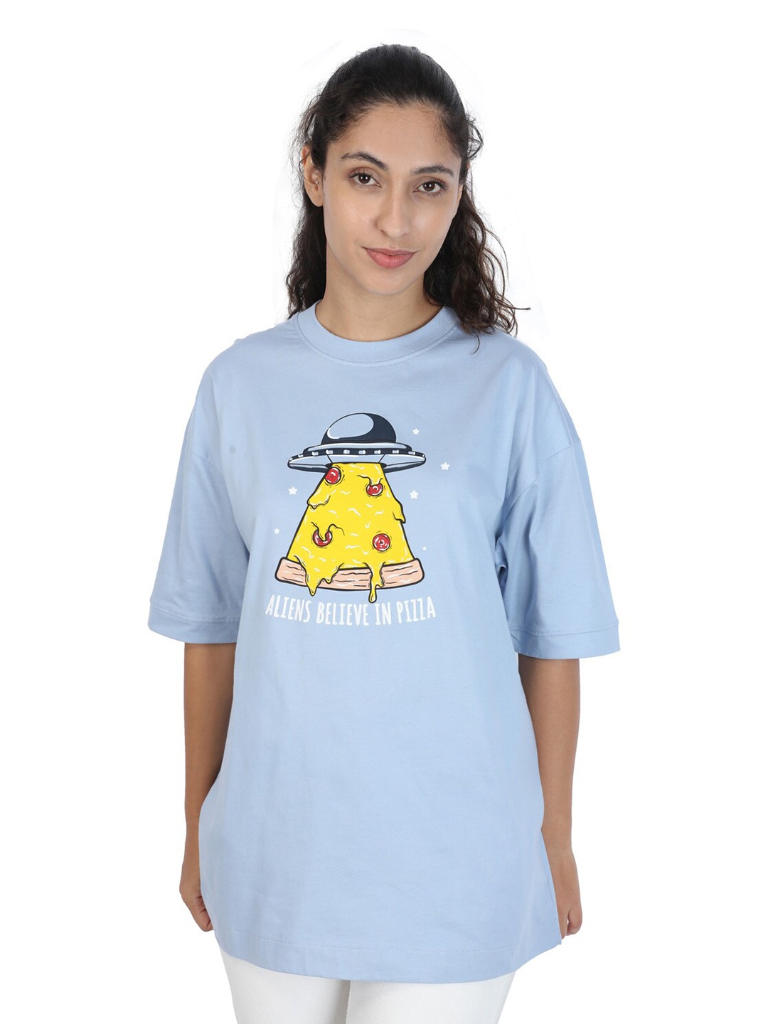 

ZU Printed Round Neck Drop-Shoulder Sleeves Cotton Oversized T-shirt, Turquoise blue