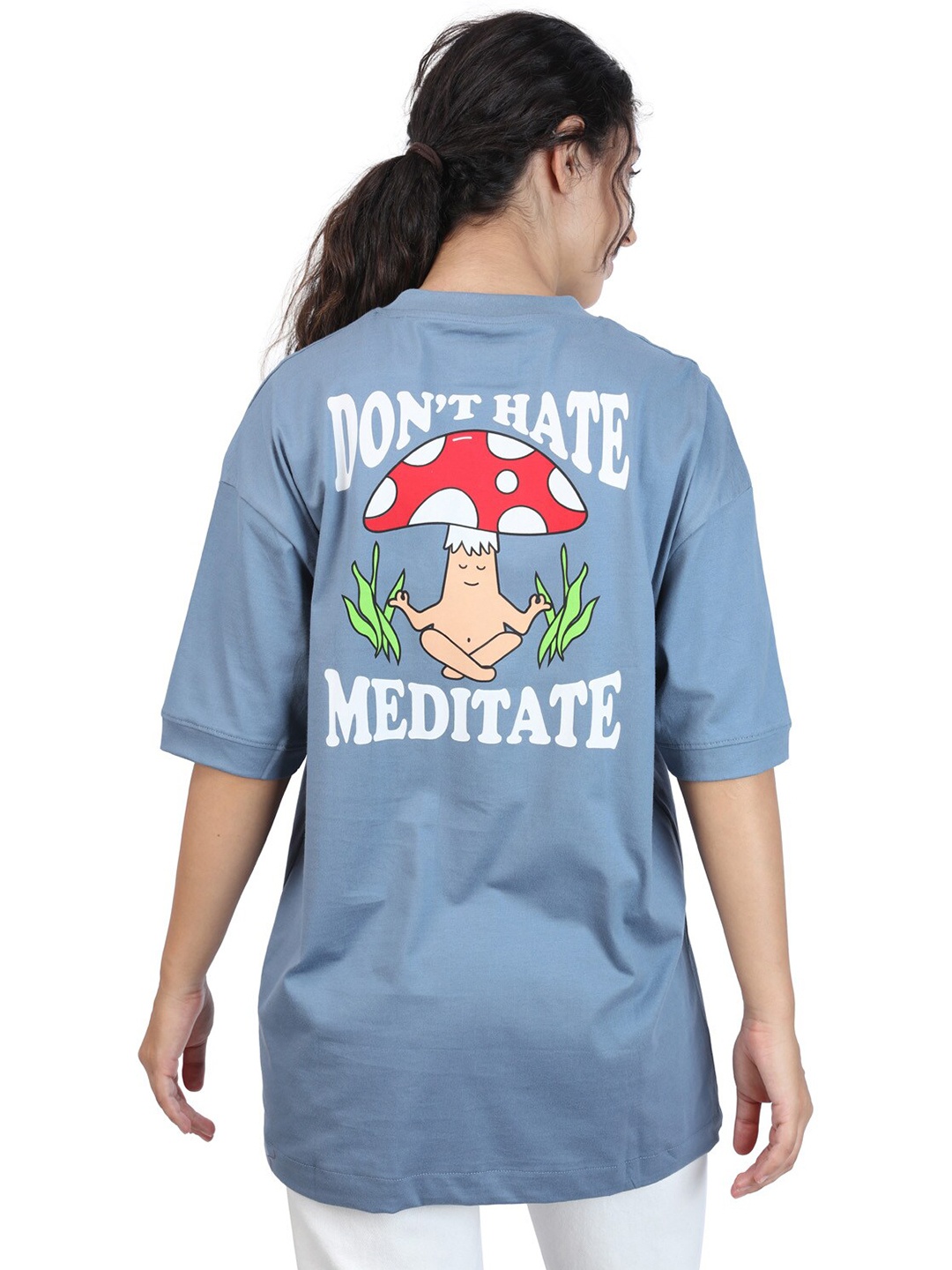 

ZU Typography Printed Round Neck Drop-Shoulder Sleeves Cotton Oversized T-shirt, Blue