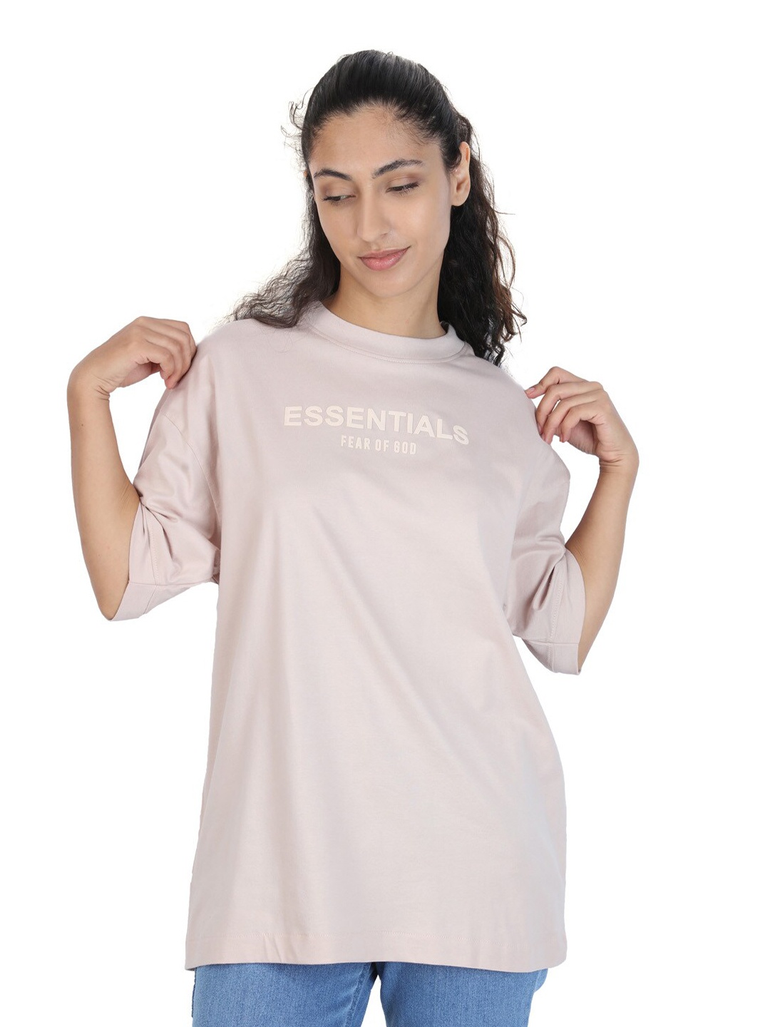 

ZU Printed Round Neck Drop-Shoulder Sleeves Cotton Oversized T-shirt, Beige