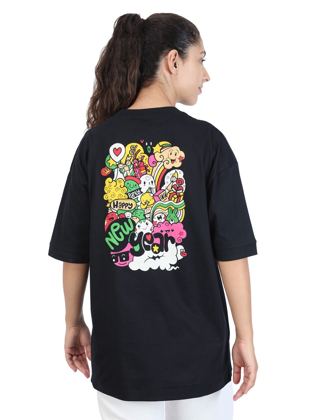 

ZU Printed Round Neck Drop-Shoulder Sleeves Cotton Oversized T-shirt, Black