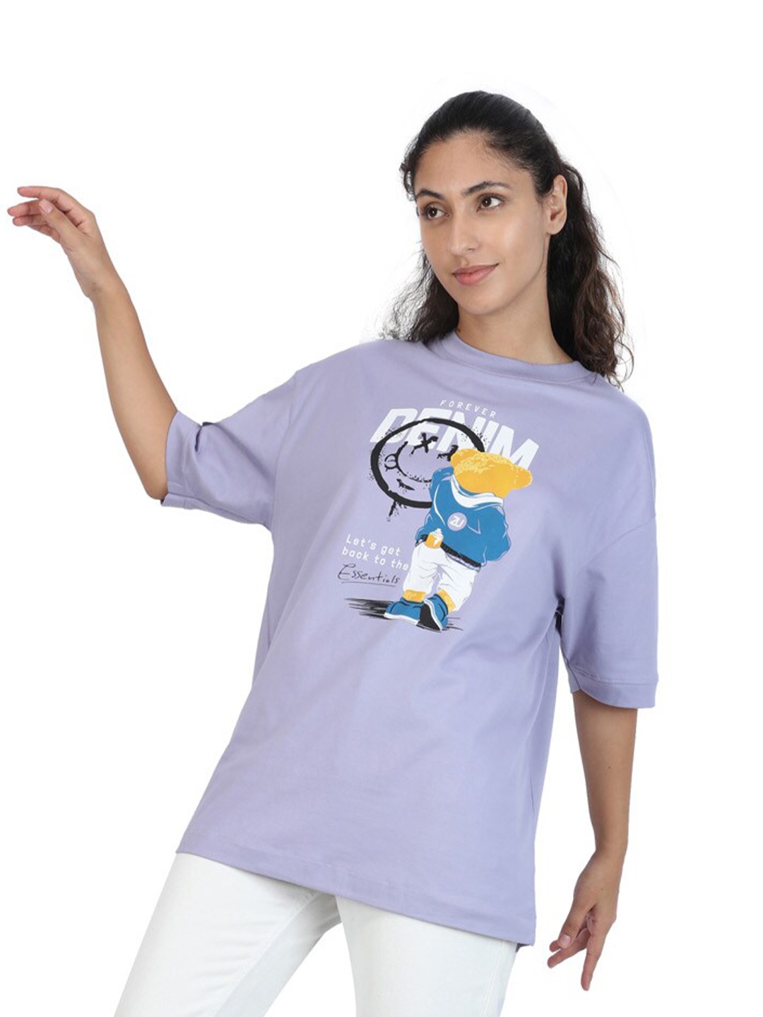 

ZU Printed Round Neck Drop-Shoulder Sleeves Cotton Oversized T-shirt, Lavender