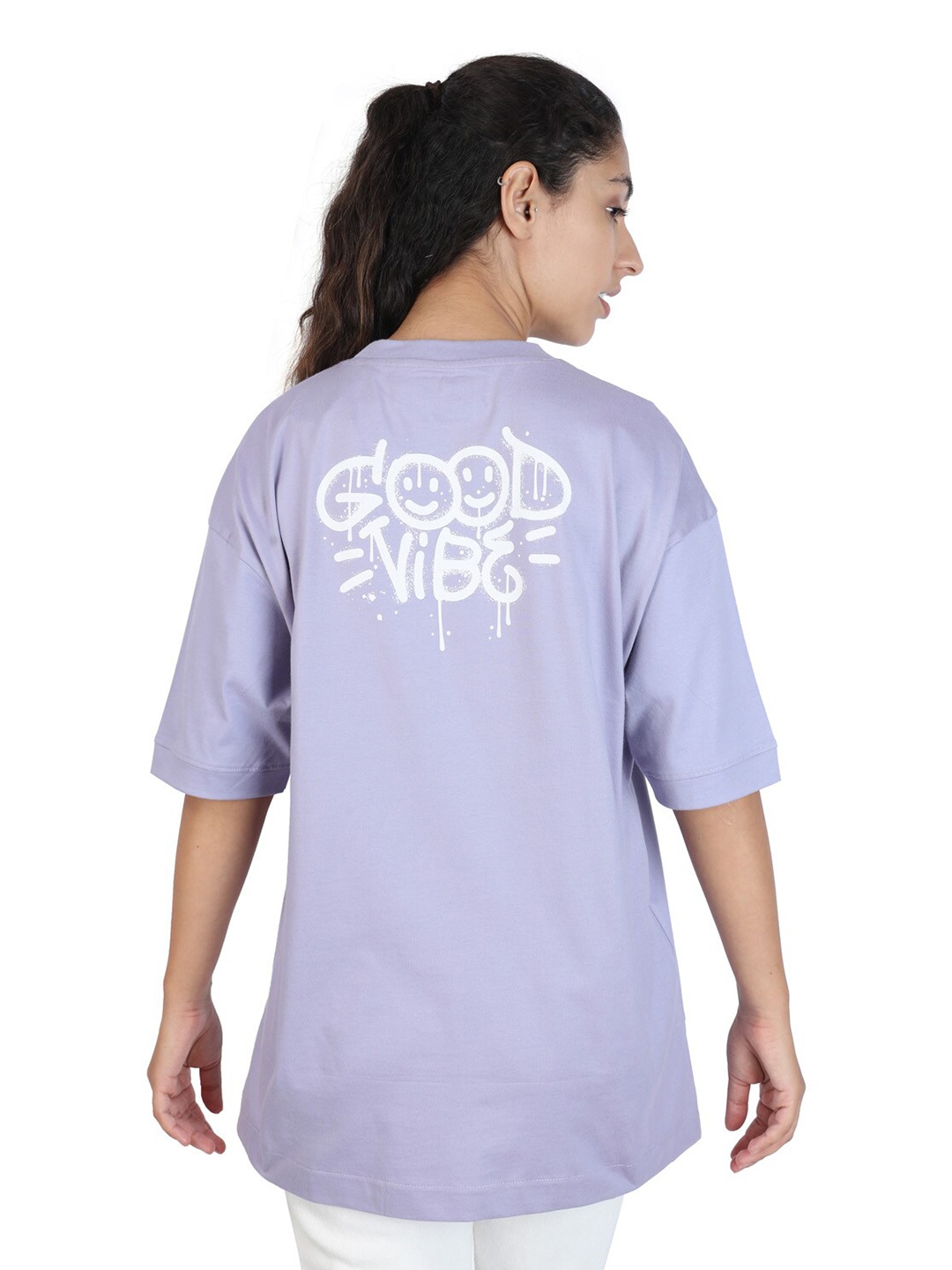 

ZU Printed Round Neck Drop-Shoulder Sleeves Cotton Oversized T-shirt, Lavender