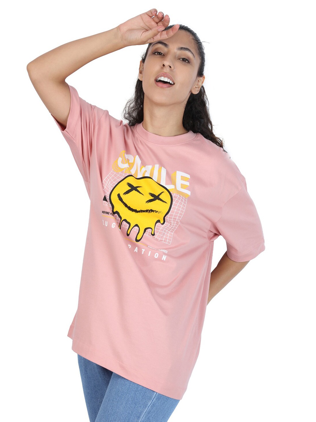 

ZU Printed Round Neck Drop-Shoulder Sleeves Cotton Oversized T-shirt, Pink