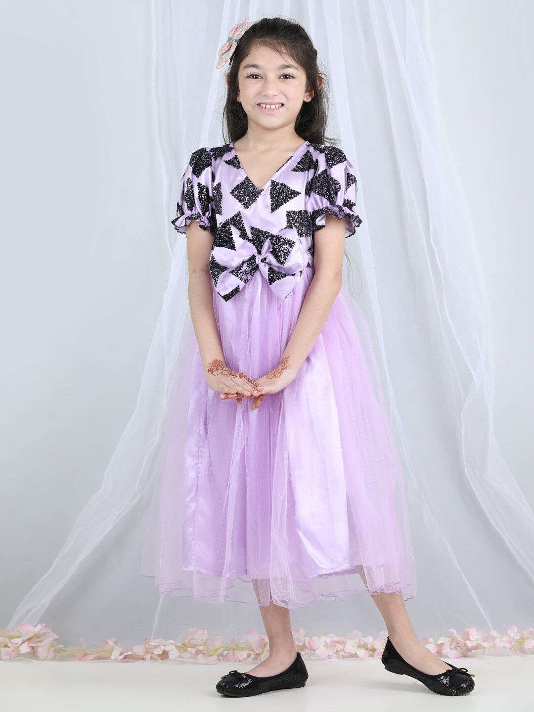 

Cutiekins Girls Floral Embroidered Bow Detail Satin Net Fit and Flare Midi Dress, Purple