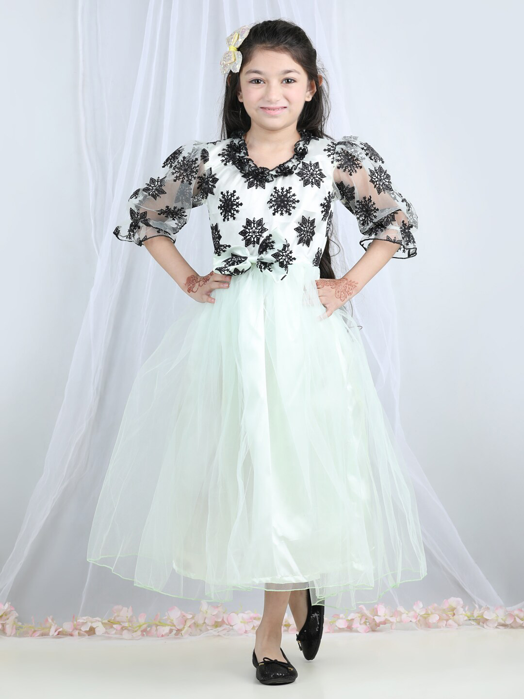 

Cutiekins Girls Floral Embroidered Bow Detail Satin Net Fit and Flare Midi Dress, Green