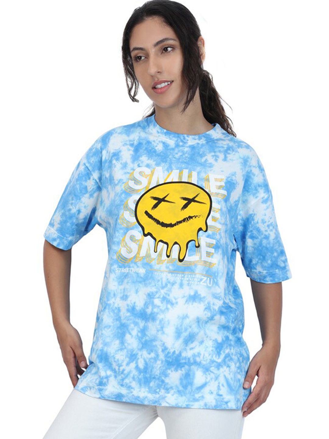 

ZU Tie and Dye Round Neck Oversized Cotton T-shirt, Blue