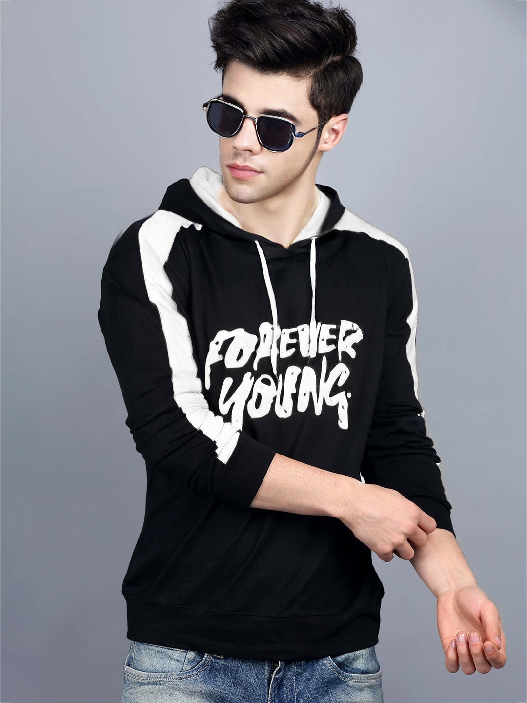 BAESD Boys Typography Printed Hooded Cotton T-shirt, Black