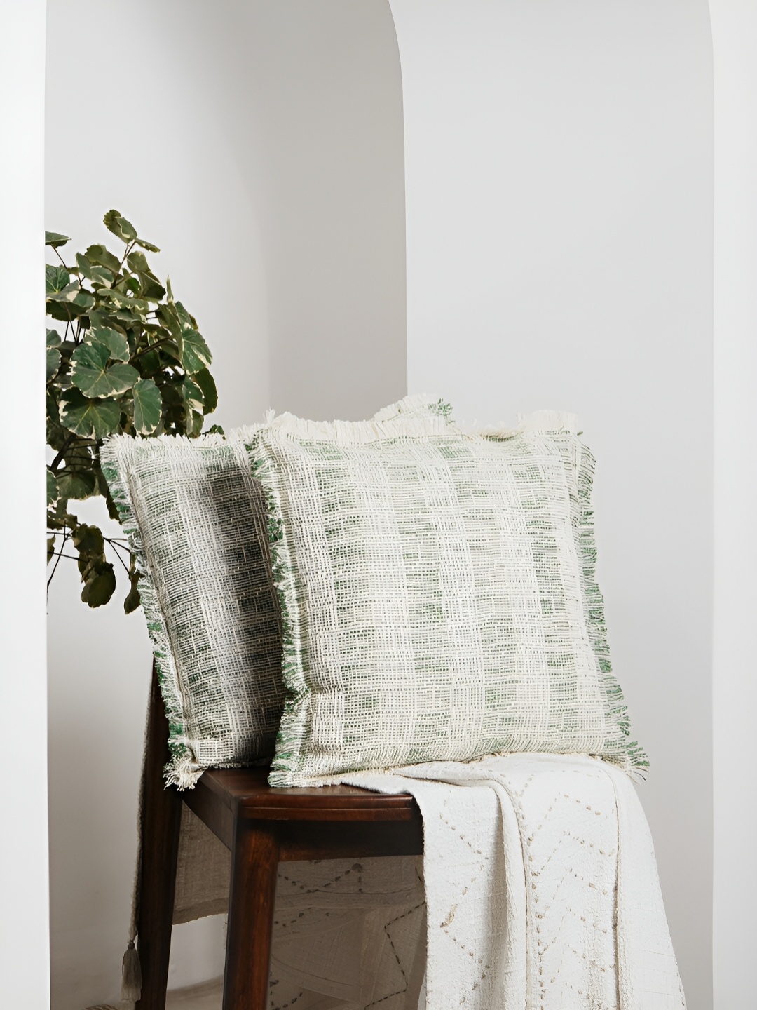 

Amora Green & Beige 2 Pieces Self Design Cotton Square Cushion Covers