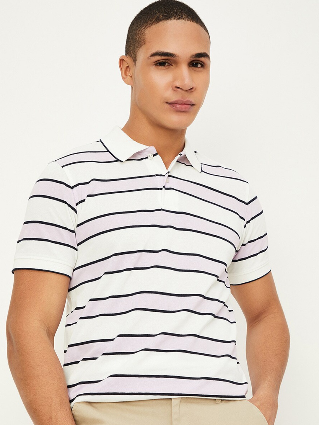 

max Striped Polo Collar Casual T-shirt, Purple