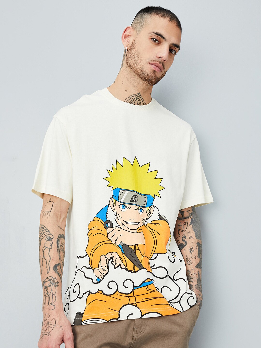 

max URB_N Graphic Printed Cotton T-shirt, Beige