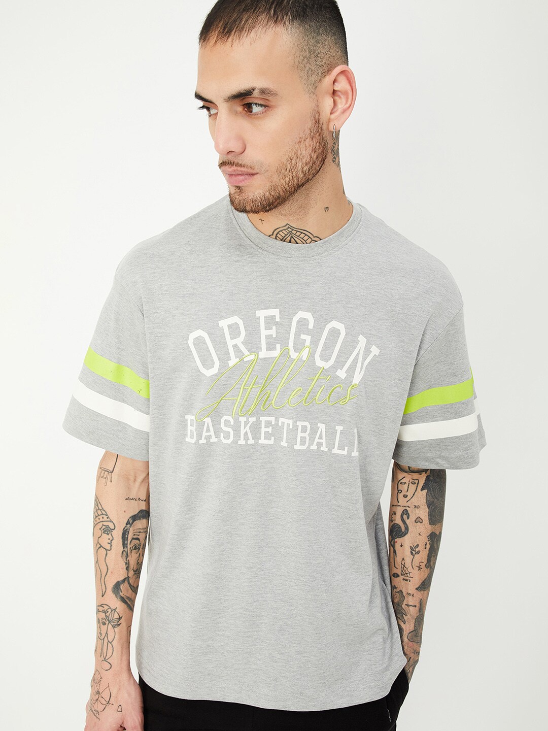 

max Typography Printed Cotton T-shirt, Grey