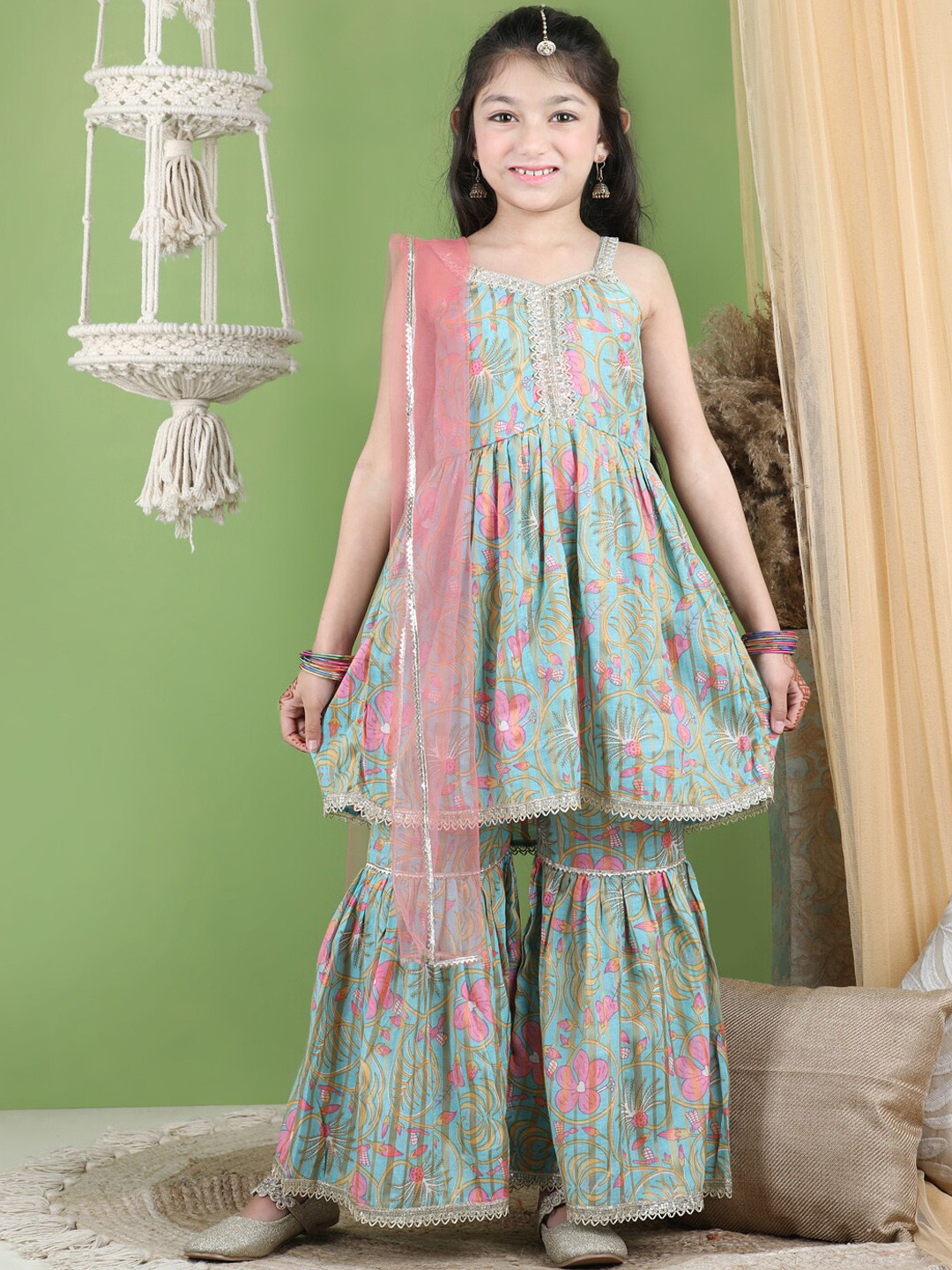

Cutiekins Girls Floral Printed Empire Gotta Patti Kurta With Sharara & Dupatta, Sea green