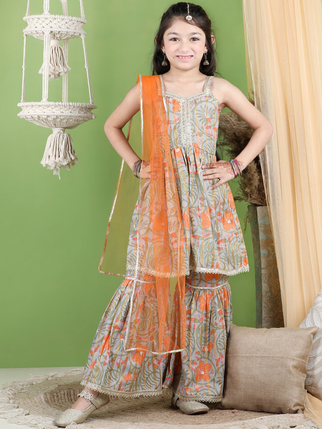 

Cutiekins Girls Floral Printed Gotta Patti Detailed Anarkali Kurta & Sharara With Dupatta, Grey