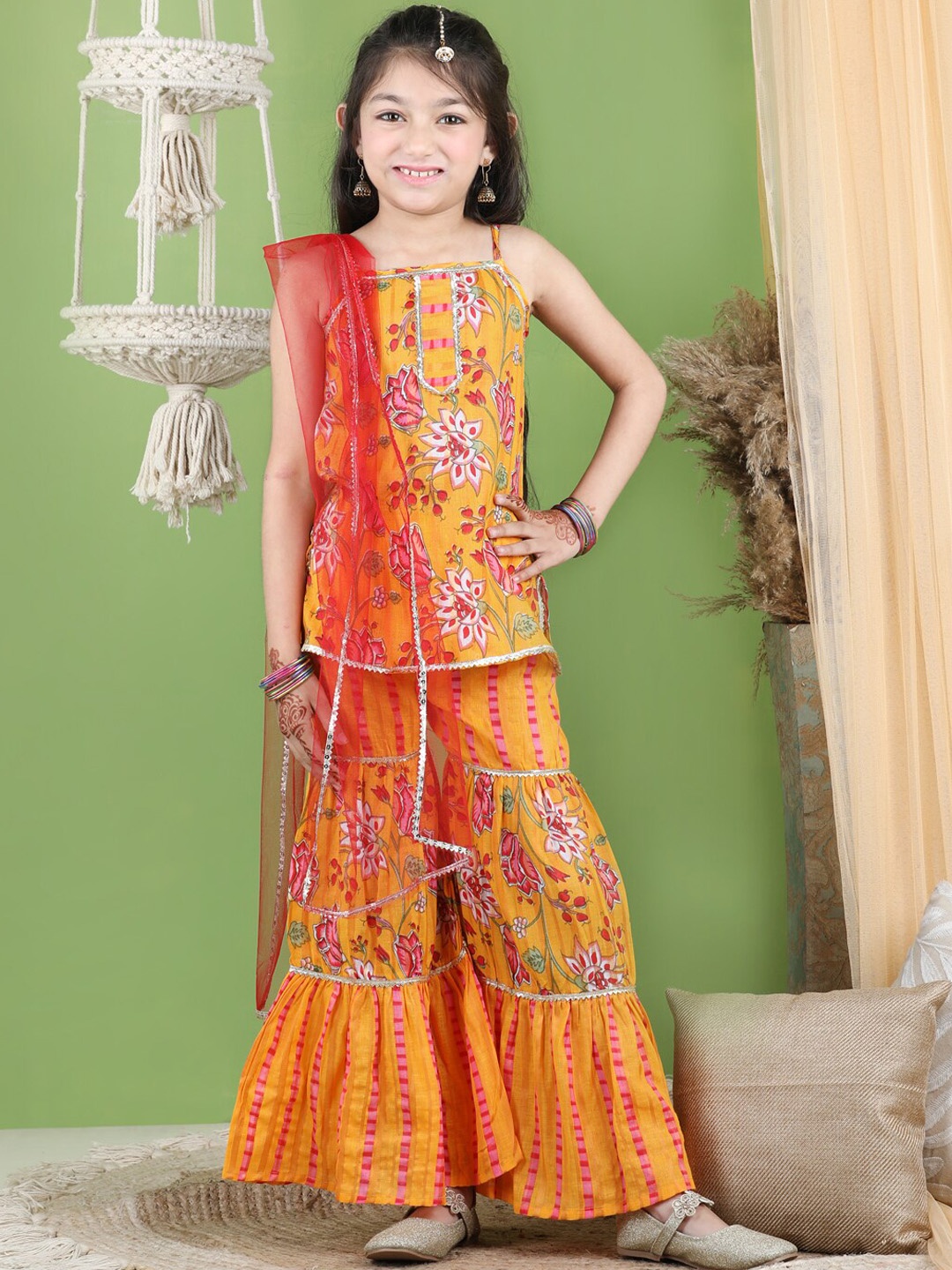 

Cutiekins Girls Floral Printed Gotta Patti Detailed Straight Kurti & Sharara With Dupatta, Mustard